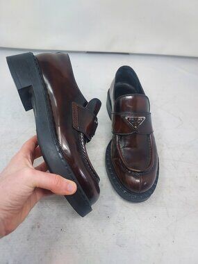 Prada WOMENS Logo Burgundy Red Brown Chocolate Brushed Leather Shoe